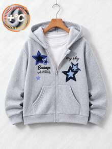 SHEIN Vacaura 大童男孩灰色星星圖案保暖內裡連帽拉鍊運動衫 美式字母印花休閒夾克 寬鬆復古連帽上衣 童裝 - 灰色 - 查看 9