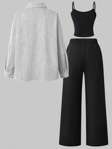 SHEIN 3-Piece Set Yellow Long Sleeve Striped Digital Print Shirt, Black Long Pants, Camisole, Suitable For Spring/Summer Outdoor Wear - Black - View 2