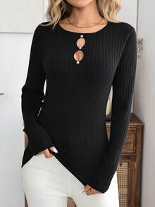EMERY ROSE Round Neck Casual Autumn/Winter Contrast Lace Elegant Sweater - Black - View 6