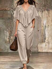 SHEIN LUNE CURVE Plus Size Lace Hollow Out Loose Backless Batwing Jumpsuit With Tie Back Women's Summer Outfits - Khaki - View 1