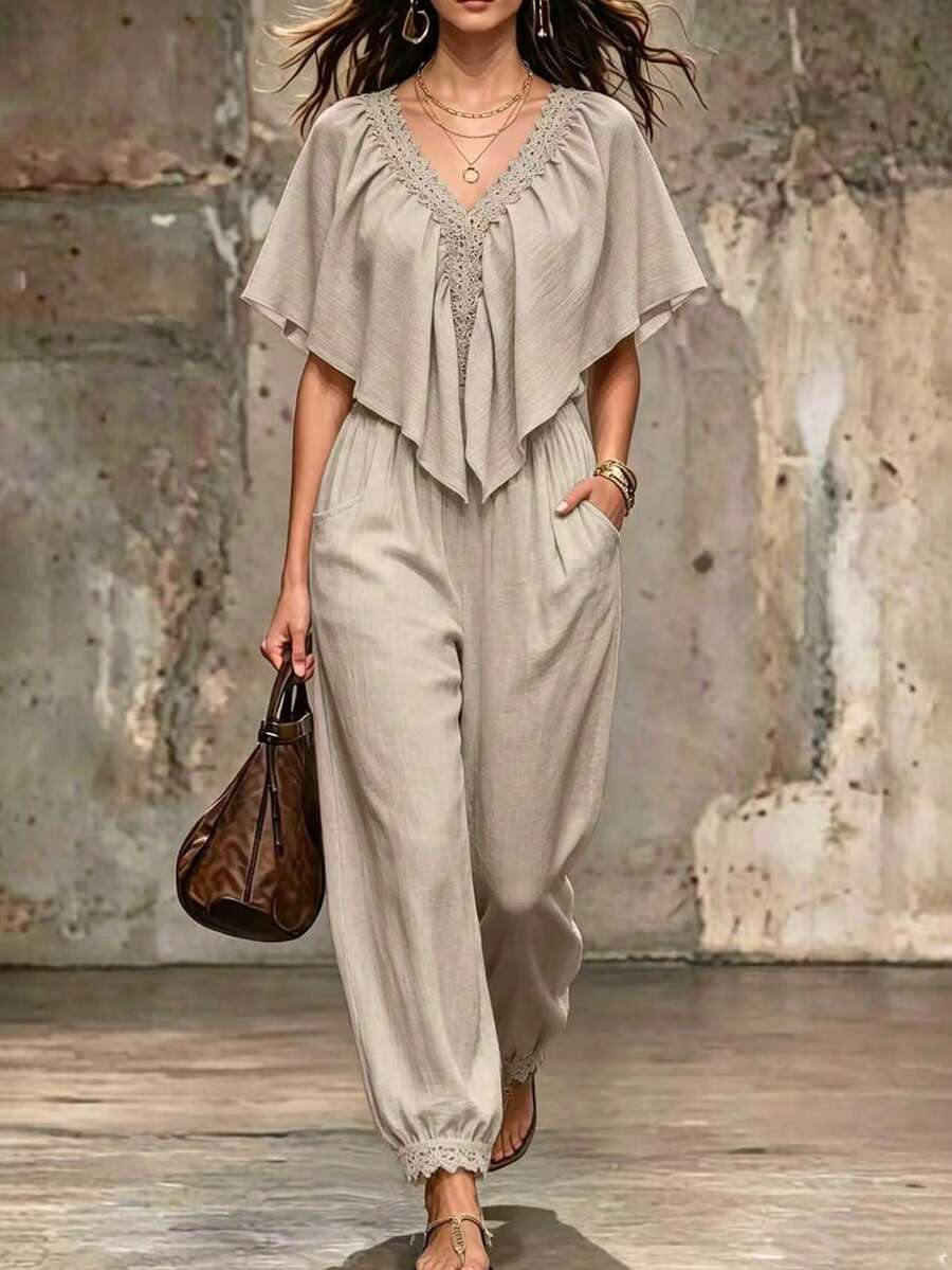 SHEIN LUNE CURVE Plus Size Lace Hollow Out Loose Backless Batwing Jumpsuit With Tie Back Women's Summer Outfits - Khaki - View 1