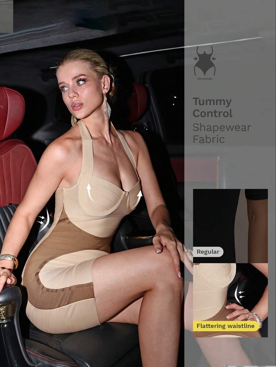 Nuvra Gaun Koktail Wanita Model Halter Neck dengan Kombinasi Warna Aprikot dan Cokelat - MultiWarna - View 1