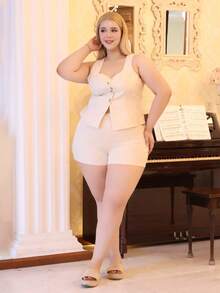 CHERRY TINTT SELECTION Plus Size Casual Commuter Plain Color Vest And Shorts 2pcs Set Elegant Summer - Apricot - View 2