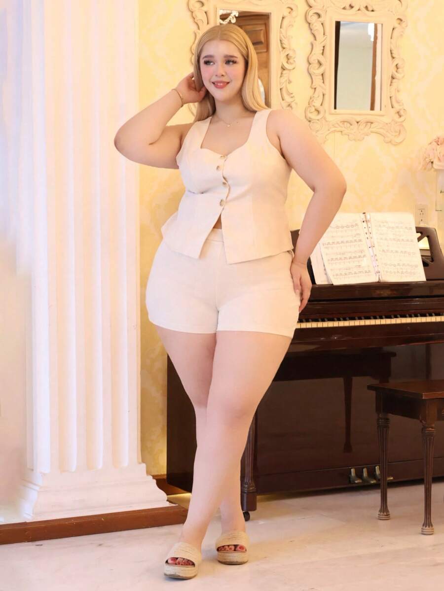 CHERRY TINTT SELECTION Plus Size Casual Commuter Plain Color Vest And Shorts 2pcs Set Elegant Summer