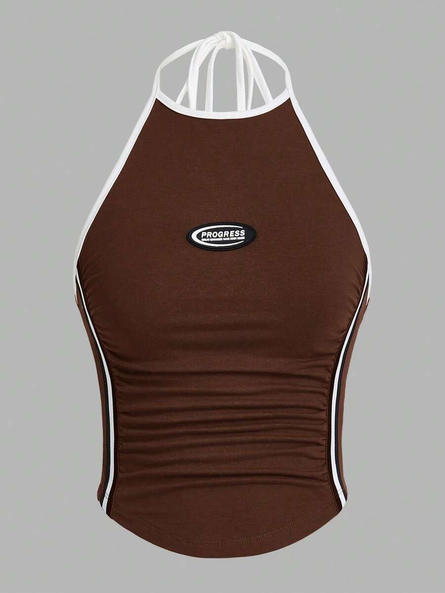 SHEIN ICON Women's Contrast Color Panel Halter Neck Slim Fit Tank Top, Casual Daily Wear - Coffee Brown - View 1