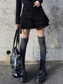 FRIFUL Women's Raw Hem Pleated Casual Goth Versatile Daily Denim Mini Skirt Night Out Black Summer - Black - View 7