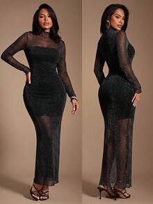 Radiana Women's Sexy Elegant Graceful Black Flocked Jacquard Mesh Dress, Long Sleeve Fitted Dress, High Neck Dress, Sheer Dress, Long Dress, Suitable For Date, Party, Cocktail, Club, Garden Afternoon Tea, Casual Outing - Black - View 8