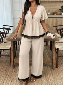 Weeklong Plus Size Women Spring/Summer V-Neck Lace Patchwork Knot Top And Wide Leg Pants Casual Daily Outfit Set - Apricot - View 4
