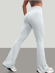 StreetHx Women's Solid Color High Waist Daily Fitness Soft Sports Flare Pants Gym White Summer Gym Pilates Athletic Low Waist - White - View 3