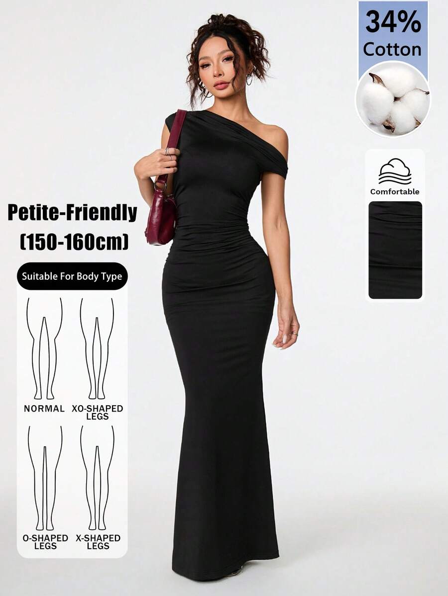 SHEIN PETITE 不對稱超長魚尾裙,舒適棉質面料,適合夏季日常穿著、約會、旅行、派對、優雅女士外出、俱樂部活動、約會、宴會 - 黑色 - 查看 1