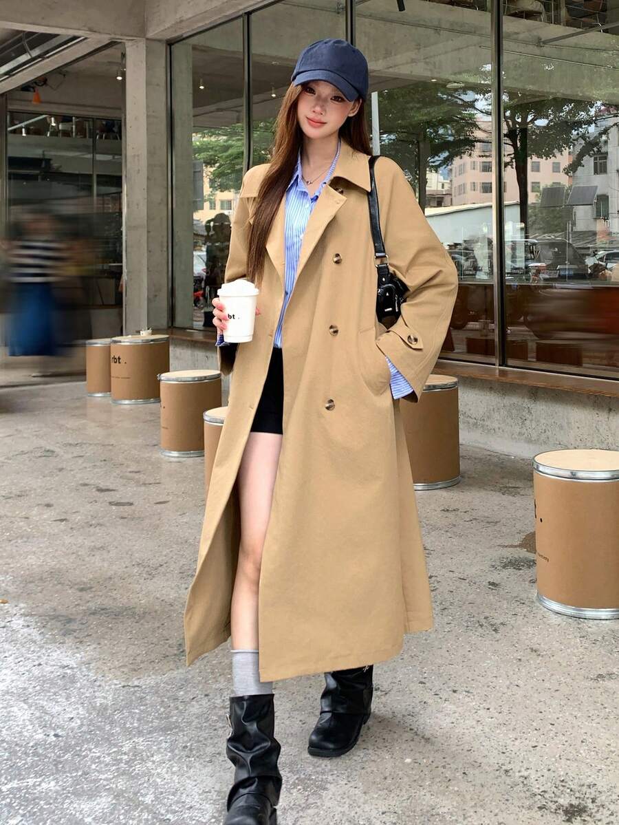 DAZY Women's Solid Color Lapel Collar Spring/Autumn Trench Coat Cute Tops Office Khaki Green French Classic - Khaki - View 1