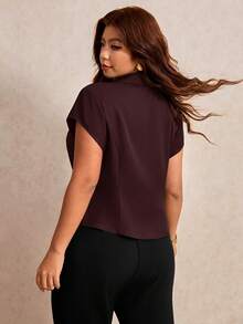 Elaquor Plus Size Women Solid Color Lapel NeckShort Sleeve Casual Blazer - Brown - View 2