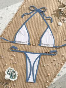 Swim Vcay Traje de baño para mujer de verano con borde de costilla, bikini triangular micro con escote halter - Blanco - Ver 2