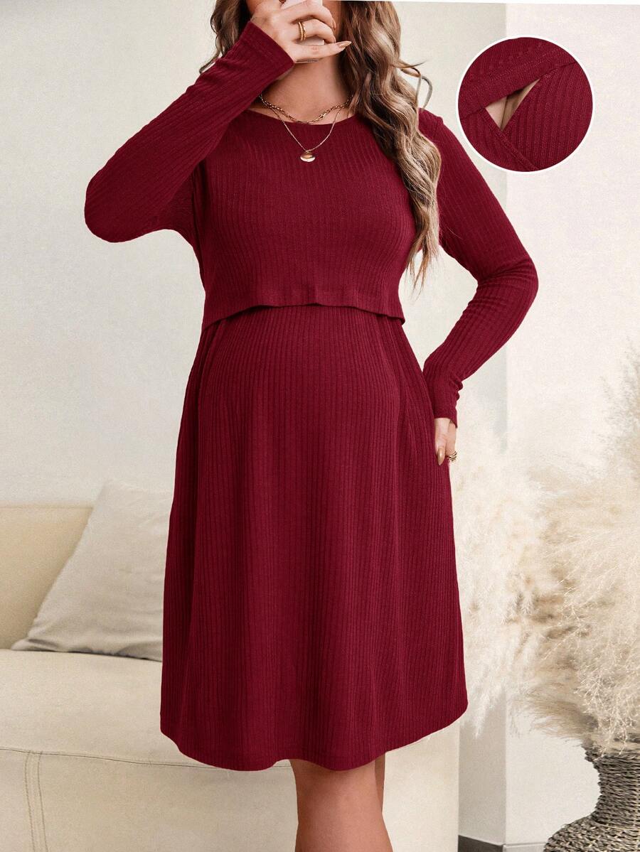 SHEIN 孕婦純色圓領長袖休閒哺乳洋裝 秋季 - 酒紅色 - 查看 1