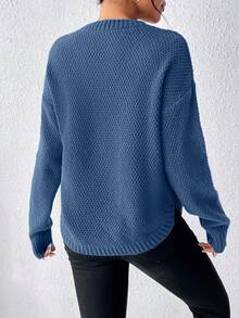 SHEIN 女款素色圓領落肩長袖休閒套頭針織衫 - Dark Blue - 查看 2