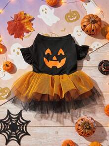 1pc Cat & Dog Universal Cartoon Expression Print Orange Fluffy Tulle Dress, Lovely Halloween Pet Dress, For Halloween Party, PETSIN Original Design - Multicolor - View 2
