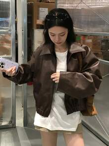 DAZY 女款寬鬆休閒皮夾克外套，標準版型，秋冬新款 - 棕色 - 查看 4
