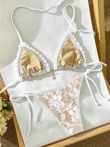 Swim Mod Set Bikini Halter Putih Pendek untuk Wanita, Seksi dengan Motif Renda Grafis dan Detail Simpul. - Putih - View 3