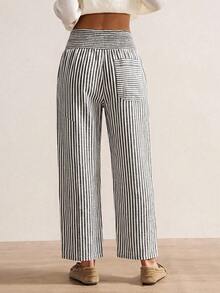 Bohemela Plus Size Casual Striped Pants For Vacation Fall - Blue and White - View 7