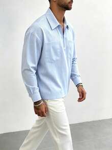Resyla Men Men's Casual Striped Shirt With Half-Zip Front And Dual Pockets - Baby Blue - View 4