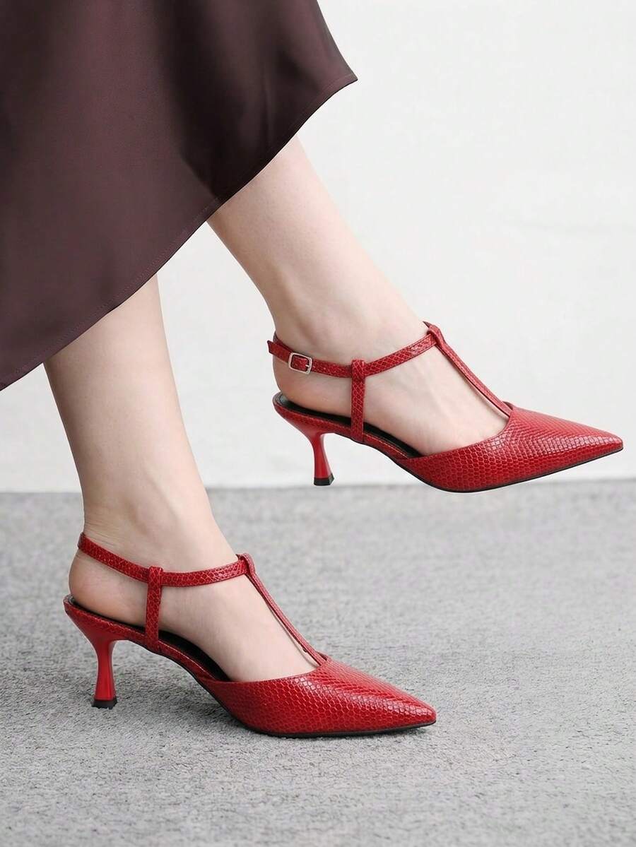 CUCCOO BIZCHIC 紅色蛇紋尖頭低跟踝靴與高跟鞋,時尚通勤、約會、派對、活動與聖誕春季鞋 - 紅色蛇紋 - 查看 1