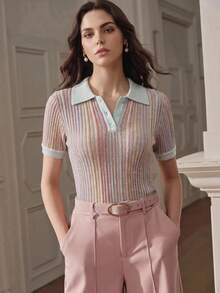 Anewsta Essential 女款彩色條紋 Polo 領短袖上衣，可愛休閒設計，適合夏季 - 淡紫色 - 查看 3