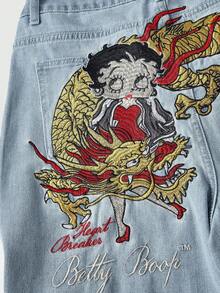 Betty Boop | ROMWE 春夏圖案聯名龍刺繡低腰寬鬆寬腿牛仔褲 - 淺藍色 - 查看 2