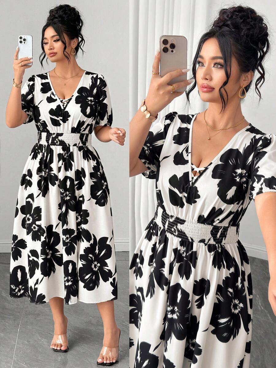 Elenzga Plus Size Women's Summer Fashion Long V-Neck Dress - Black and White - View 1