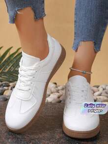 White Women'S Sports Shoes, Thick Platform Unit Shoes, Leather Upper Student Shoes With Anti-Slip And Height Increase - White - View 1