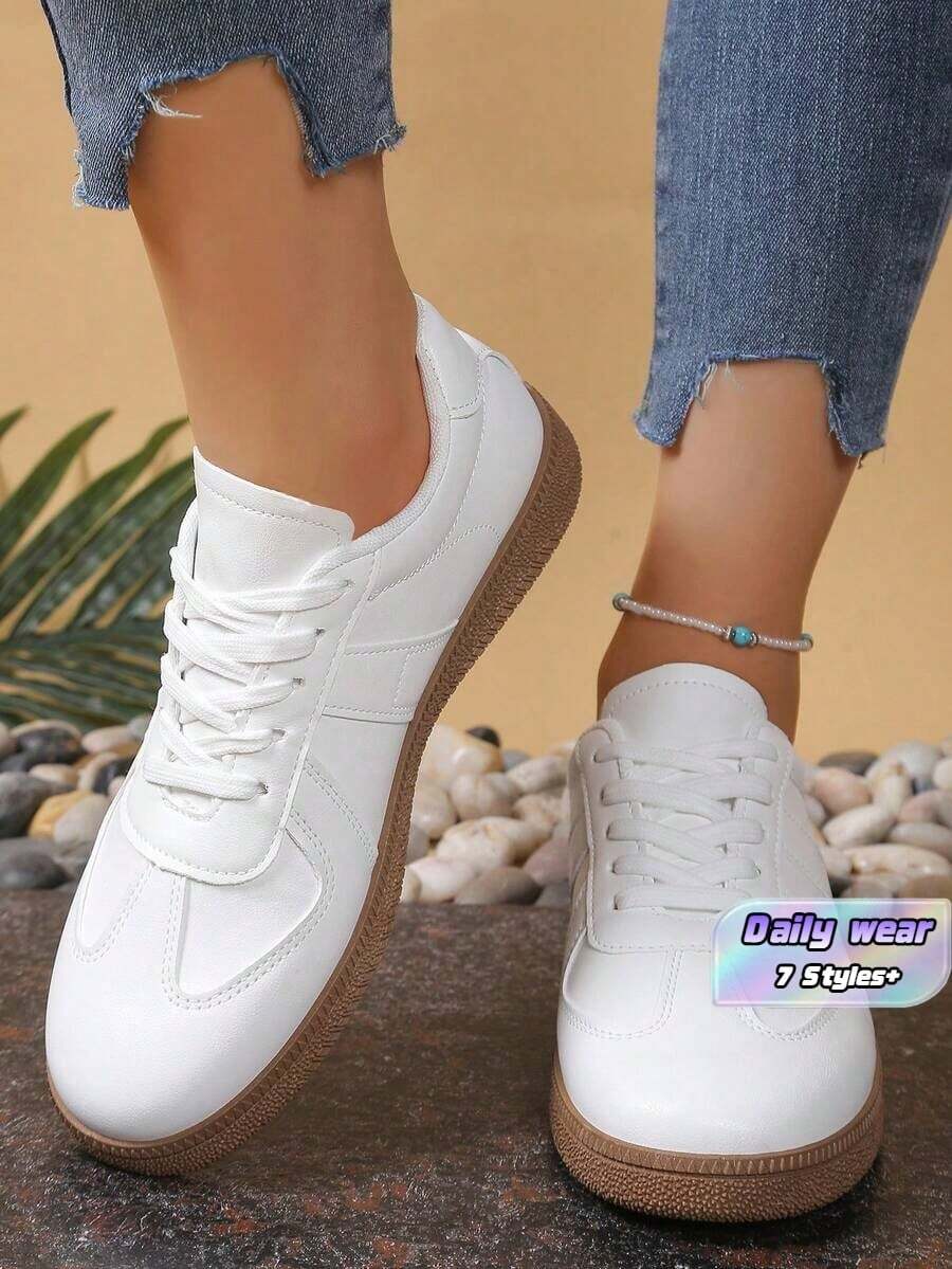 White Women'S Sports Shoes, Thick Platform Unit Shoes, Leather Upper Student Shoes With Anti-Slip And Height Increase - White - View 1