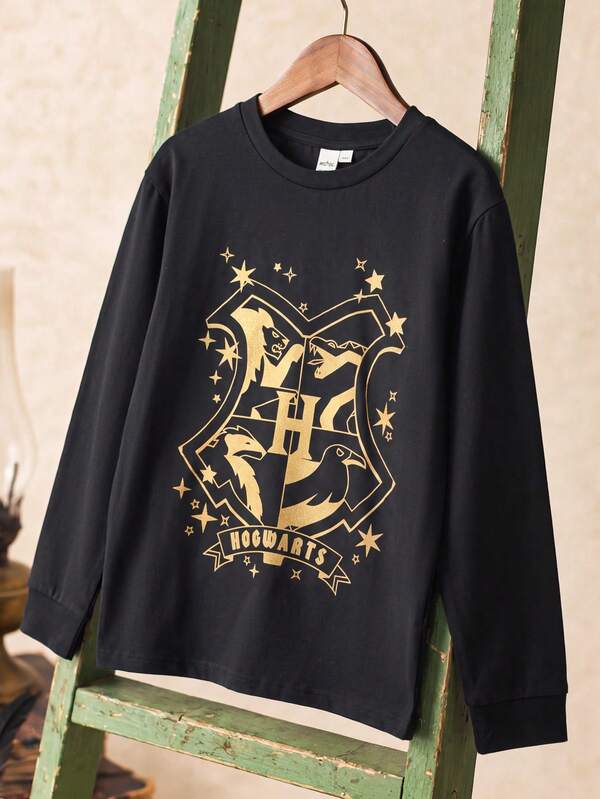 PrepCrw HARRY POTTER X SHEIN 1pc Kids Tween Boys Casual Elegant Handsome Exquisite Comfortable Loose Knit Black Gold Foil Print Crew Neck Long Sleeve T-Shirt, Suitable For Back To School, Outings, Holidays, Autumn/Winter
