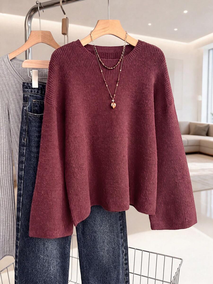 Solavon Regular Loose Fit Long Sleeve Crew Neck Sweater - Burgundy - View 1
