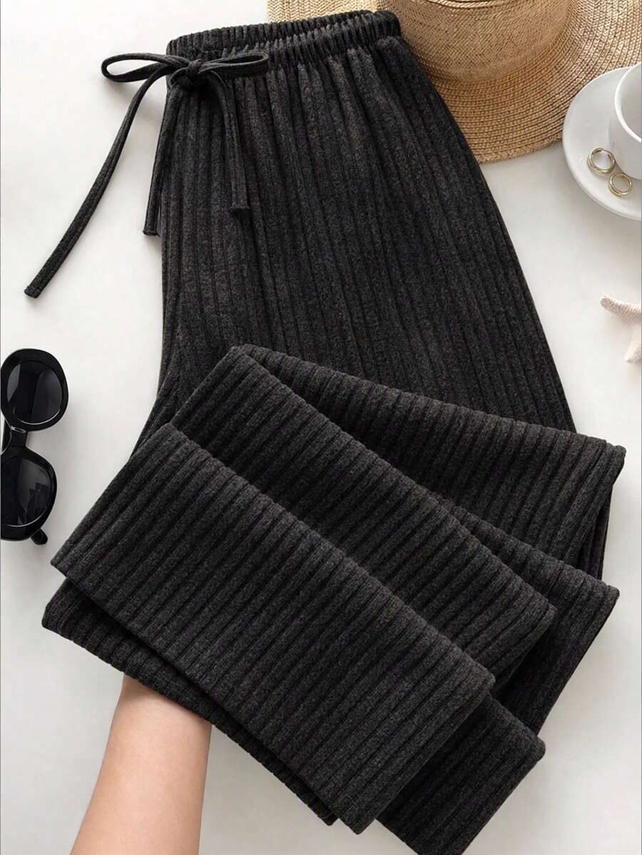 WovenCharm Pantalones rectos de punto acanalado de algodón liso - Negro - Ver 1