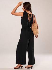 SHEIN PETITE Women's Solid Color Backless Tie Loose Wide Leg Sleeveless Jumpsuit Black Summer Casual Black - Black - View 2