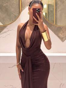 Slaydiva Halter Neck Draped Tie Ruched Slim Fit Brown Mermaid Long Party Dress - A - Brown - View 6
