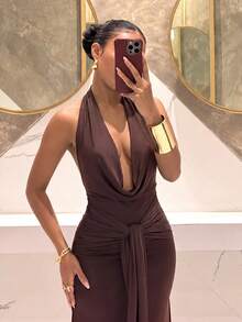 Slaydiva Halter Neck Draped Tie Ruched Slim Fit Brown Mermaid Long Party Dress - A - Brown - View 7