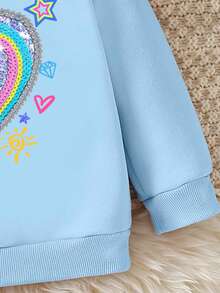 Girls' Fashionable Fresh Colorful Glitter Rainbow Design Printed Basic Crew Neck Sweatshirt - Blue - View 5