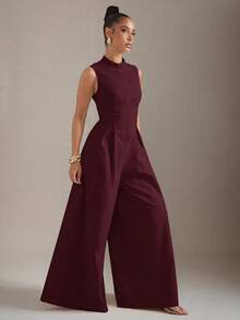Hauture Extreme Wide Leg Zip Front Sleeveless Jumpsuit - Burgundy - View 3