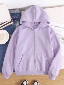SHEIN 青少年女孩秋冬休閒連帽開襟外套 - 紫色 - 查看 5