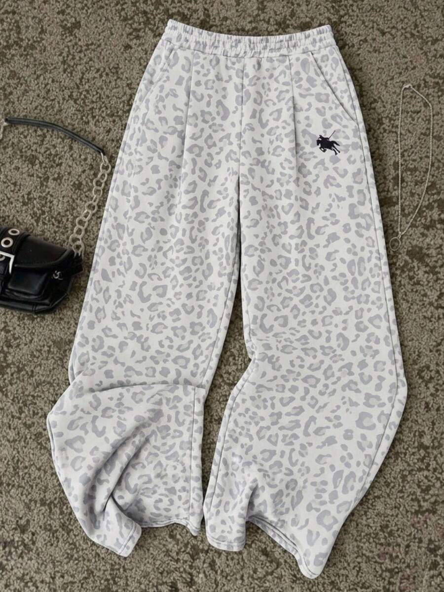 Tween Girl Tween Girls Knit Khaki Loose Casual Versatile Leopard Print Pocket Wide Leg Sweatpants - Khaki - View 1