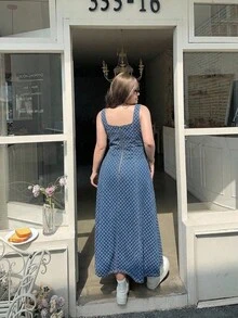 SHEIN MOD 大尺碼女款優雅夏季牛仔洋裝，百搭可愛，適合度假、奢華風、秋冬通勤，藍色洋裝，適用夏季、度假、派對、約會 - 藍色 - 查看 2