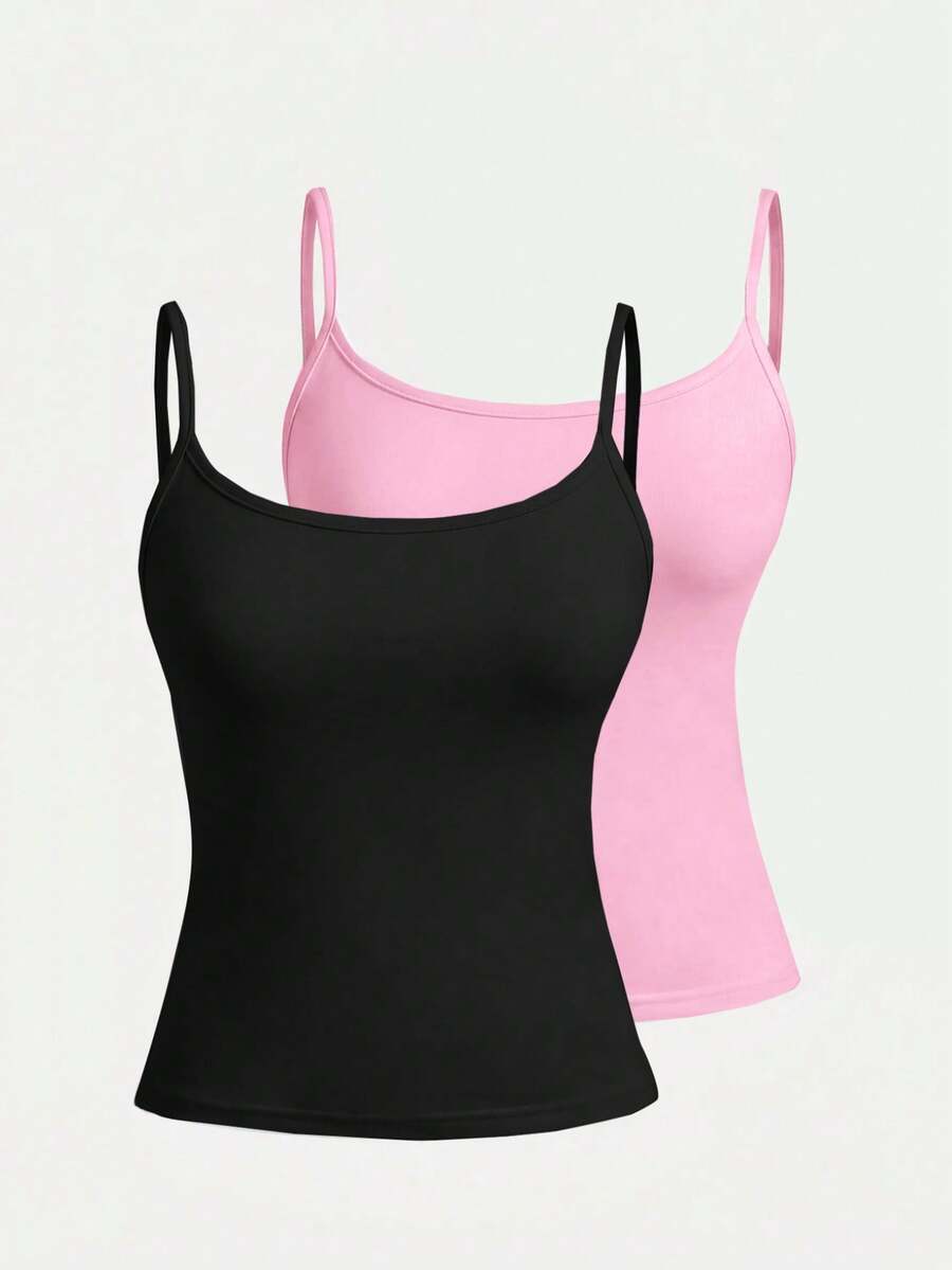 SHEIN Tween Girl Tween Girl Solid Color Minimalist Versatile Camisole Tank Tops, 2pcs Pieces Set For Daily Wear - Multicolor - View 1