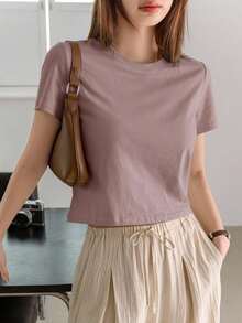Dazy-Less Solid Color Round Neck Casual Short Sleeve T-Shirt Summer,Crop Tops Women Business Casual Woman Work Clothes - Purple - View 5