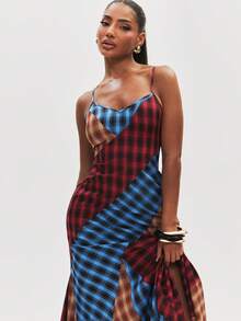 NYA SZN Dress Sleeveless Fitted Patchwork Plaid Club Party Sexy Concert Chic Cute Streetwear Brunch Everyday Casual Festival Y2K Red Blue Summer Fall Winter - Multicolor - View 2