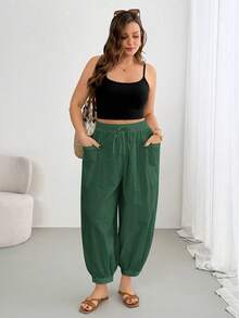 Shapeblank Pantalones largos de talla grande para mujer, unicolor, cintura con cordón, casual, versátil, para uso diario - Verde Oscuro - Ver 6