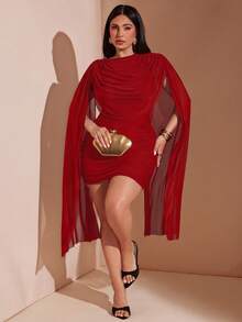 SHEIN BAE Plus Size Women's Cape Sleeve Backless Mini Dress - Red - View 3