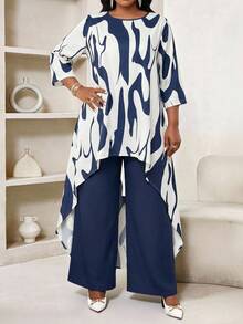 SHEIN Lady طقم قطعتين موضة مقاس كبير أنيق للعمل اليومي بطبعة كاملة وذيل غير متماثل، ملابس علوية وبنطلون، خريف، رسمي للمكتب، أزرق داكن - متعدد الألوان - مشاهدة 5