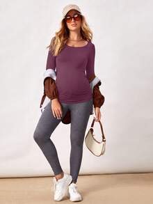 SHEIN Maternity Solid Color Casual Versatile Daily Long Sleeve T-Shirt - Purple - View 4