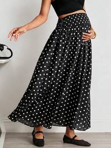 MaterniWear Maternity Polka Dot Pattern Side Tie Casual Skirt Fall - Black - View 2