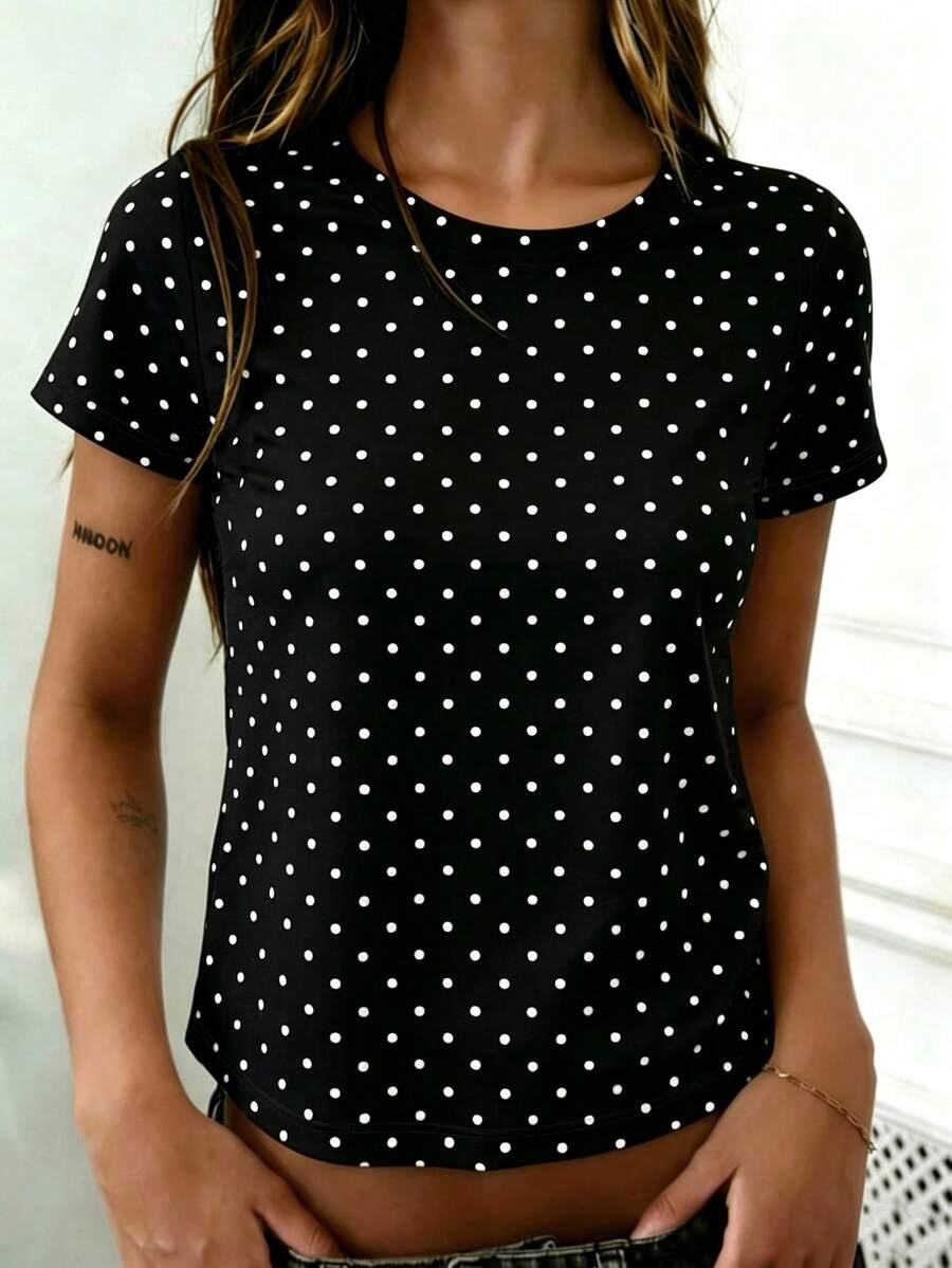 Rovax Women's Summer Casual Polka Dot Print Short Sleeve T-Shirt - Black - View 1